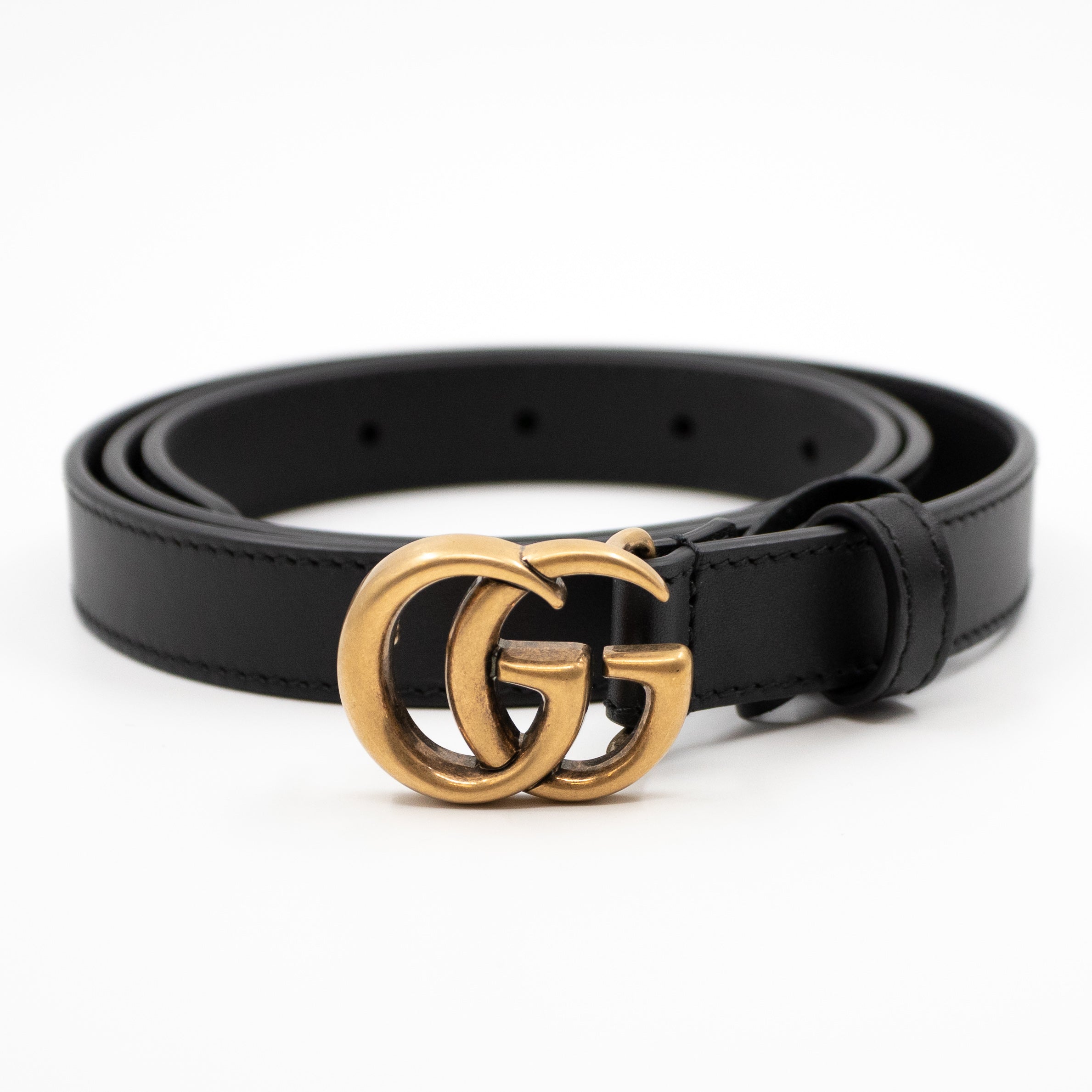 Double G Buckle Black Leather Slim Belt 90 cm