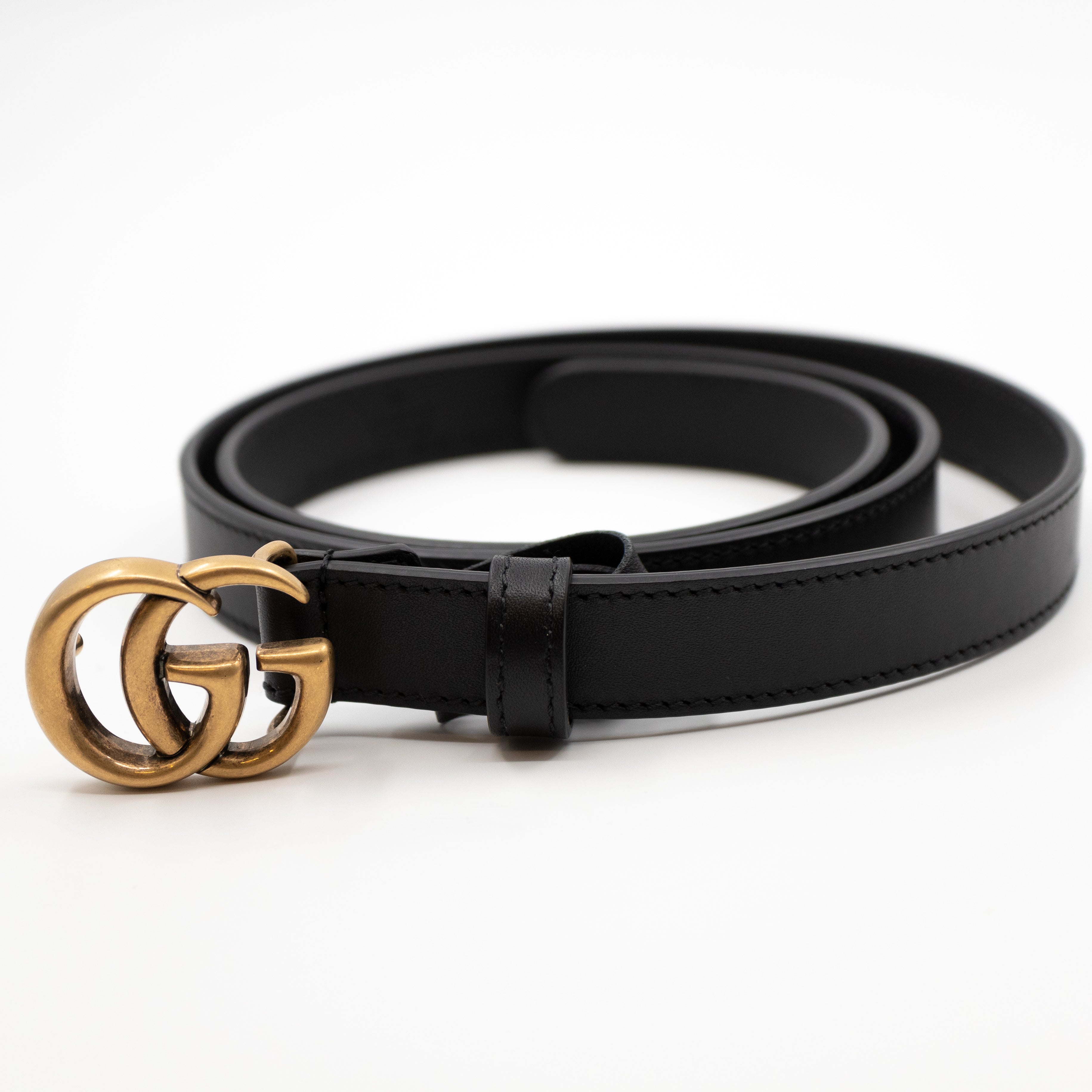 Double G Buckle Black Leather Slim Belt 90 cm