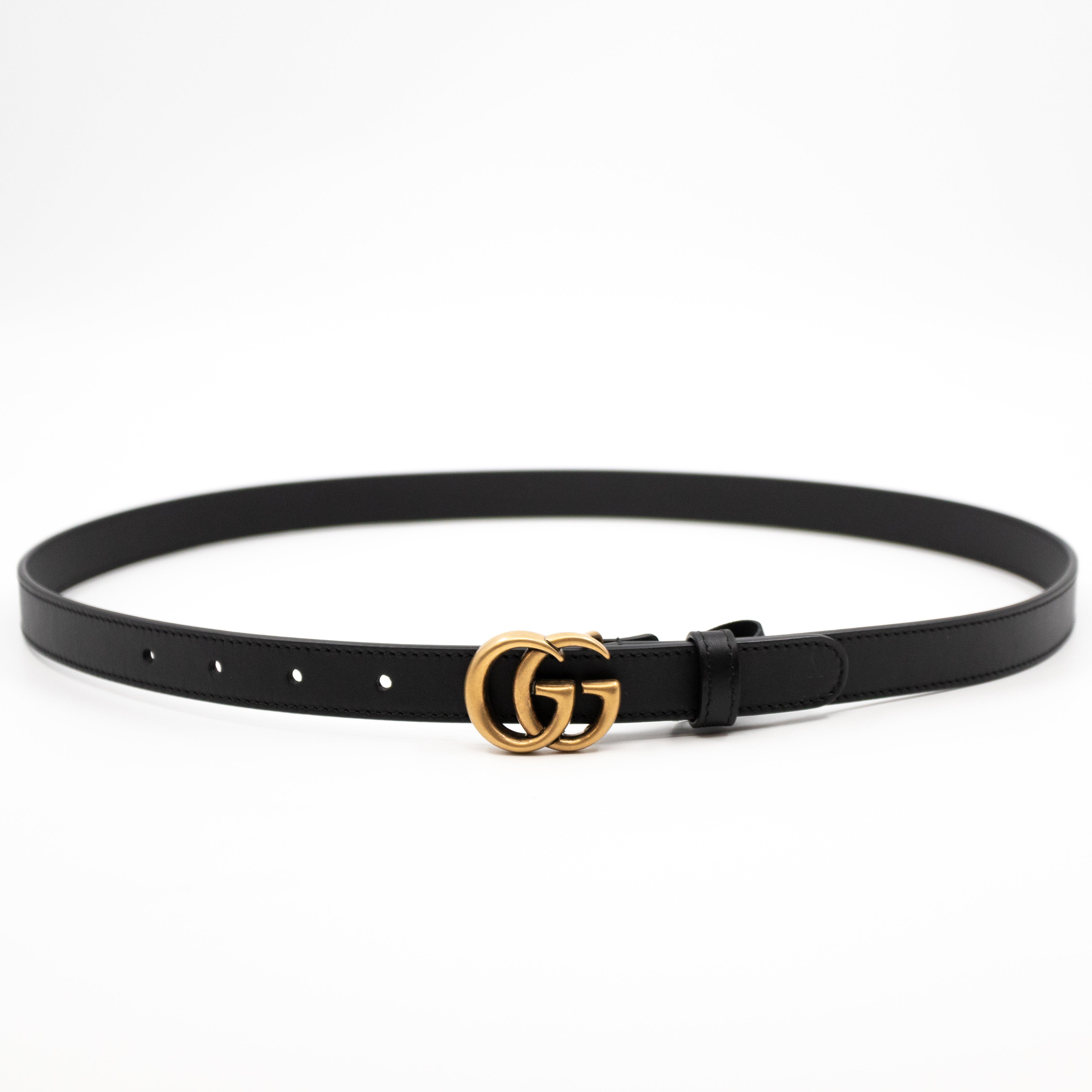 Double G Buckle Black Leather Slim Belt 90 cm
