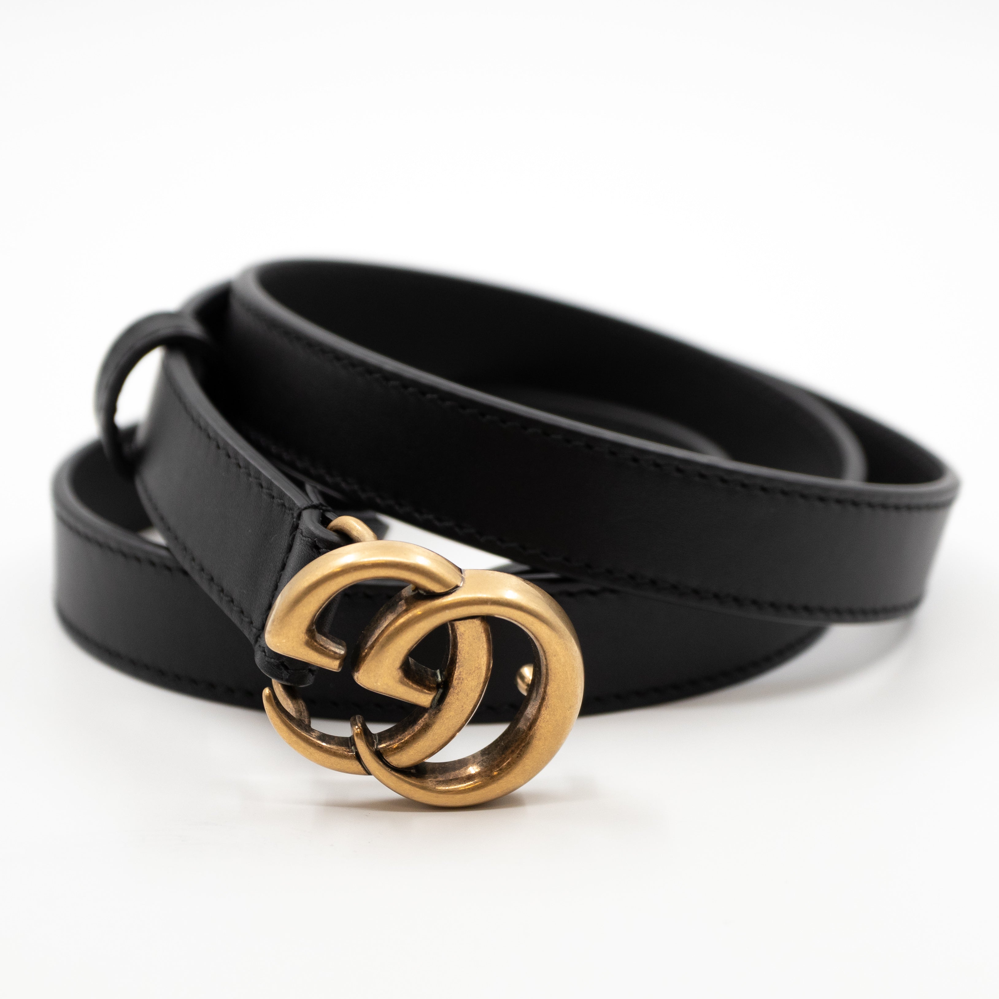 Double G Buckle Black Leather Slim Belt 90 cm