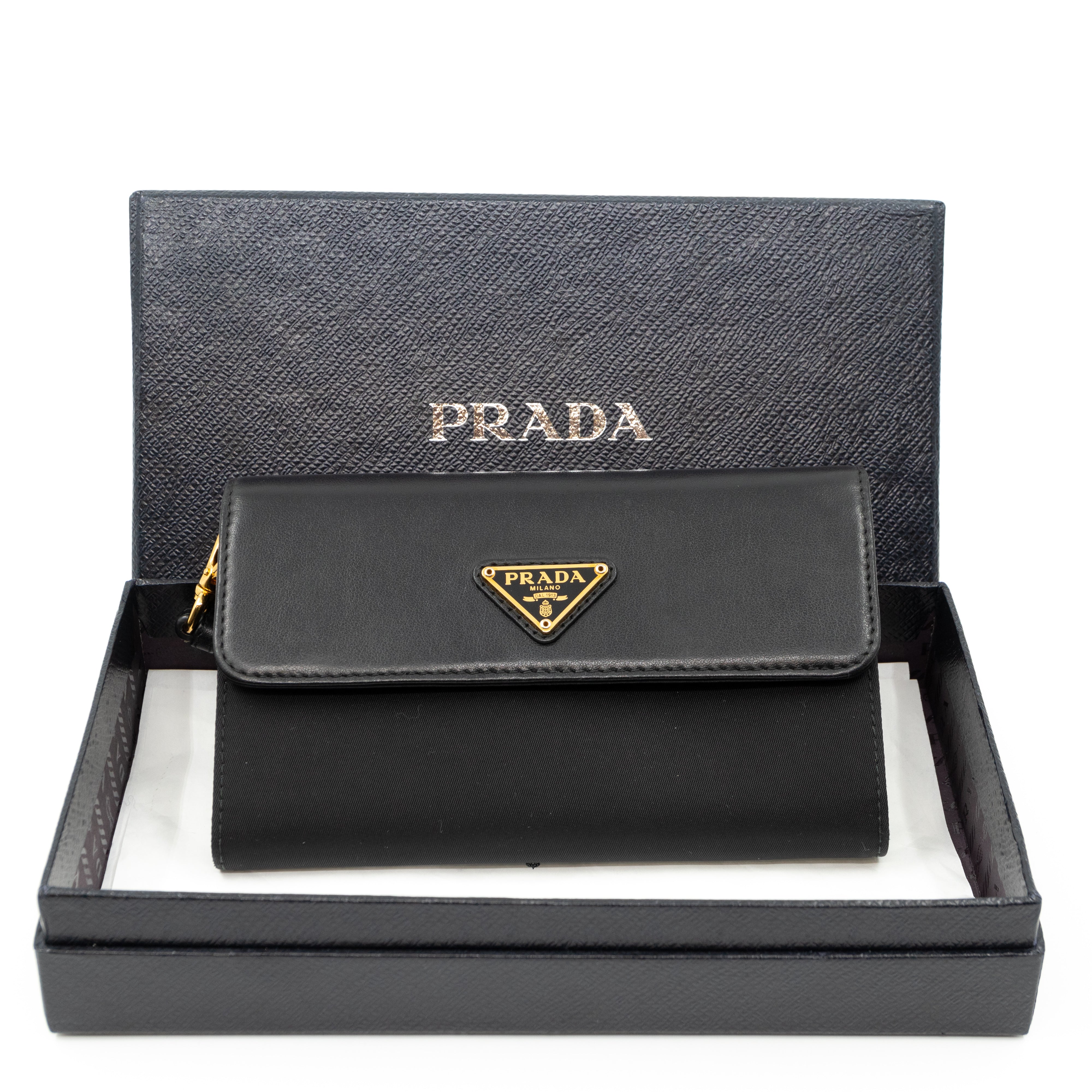 Prada Leather Flap Nylon Wristlet Wallet Black Queen Station