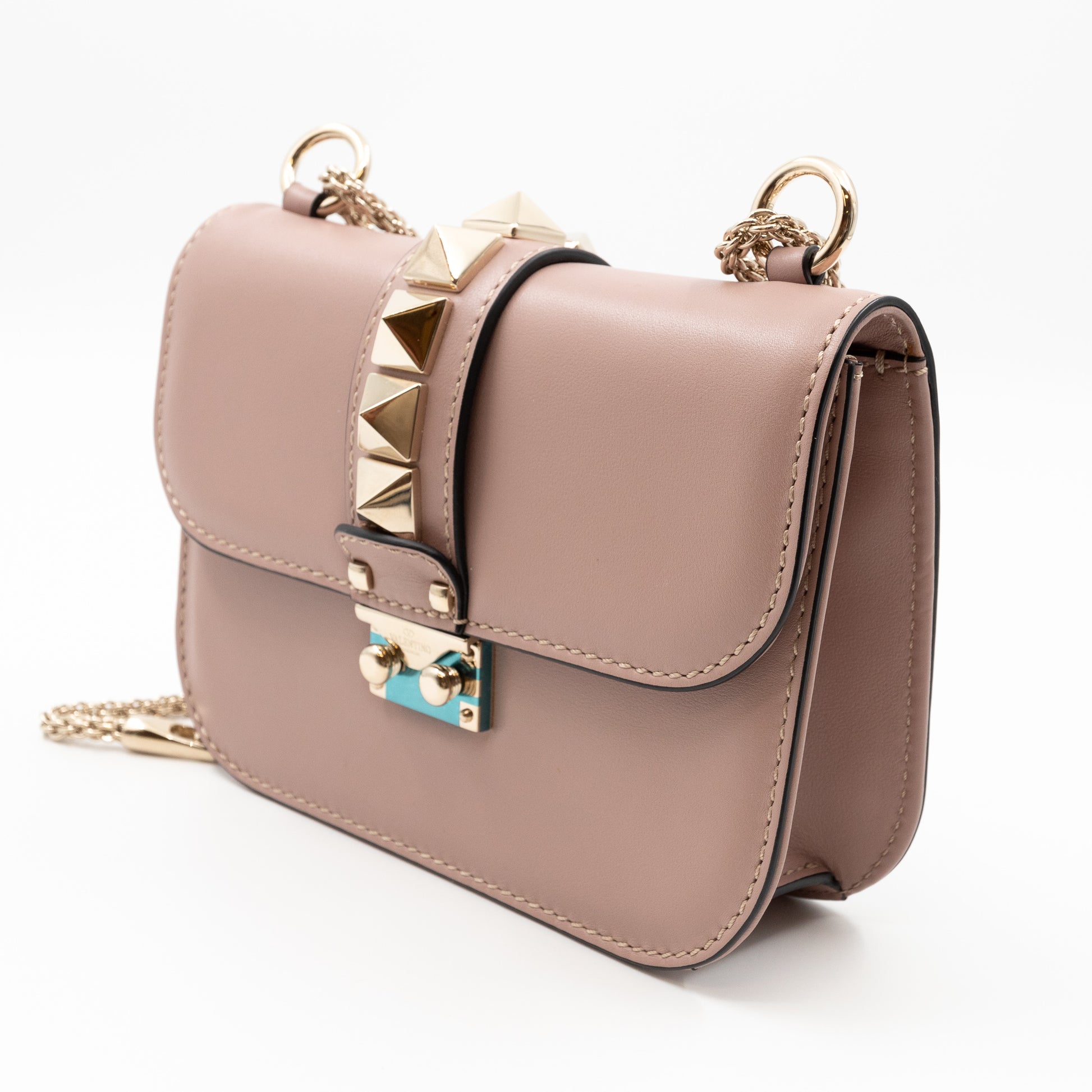 Valentino Beige Leather Mini Rockstud Glam Lock Shoulder Bag at