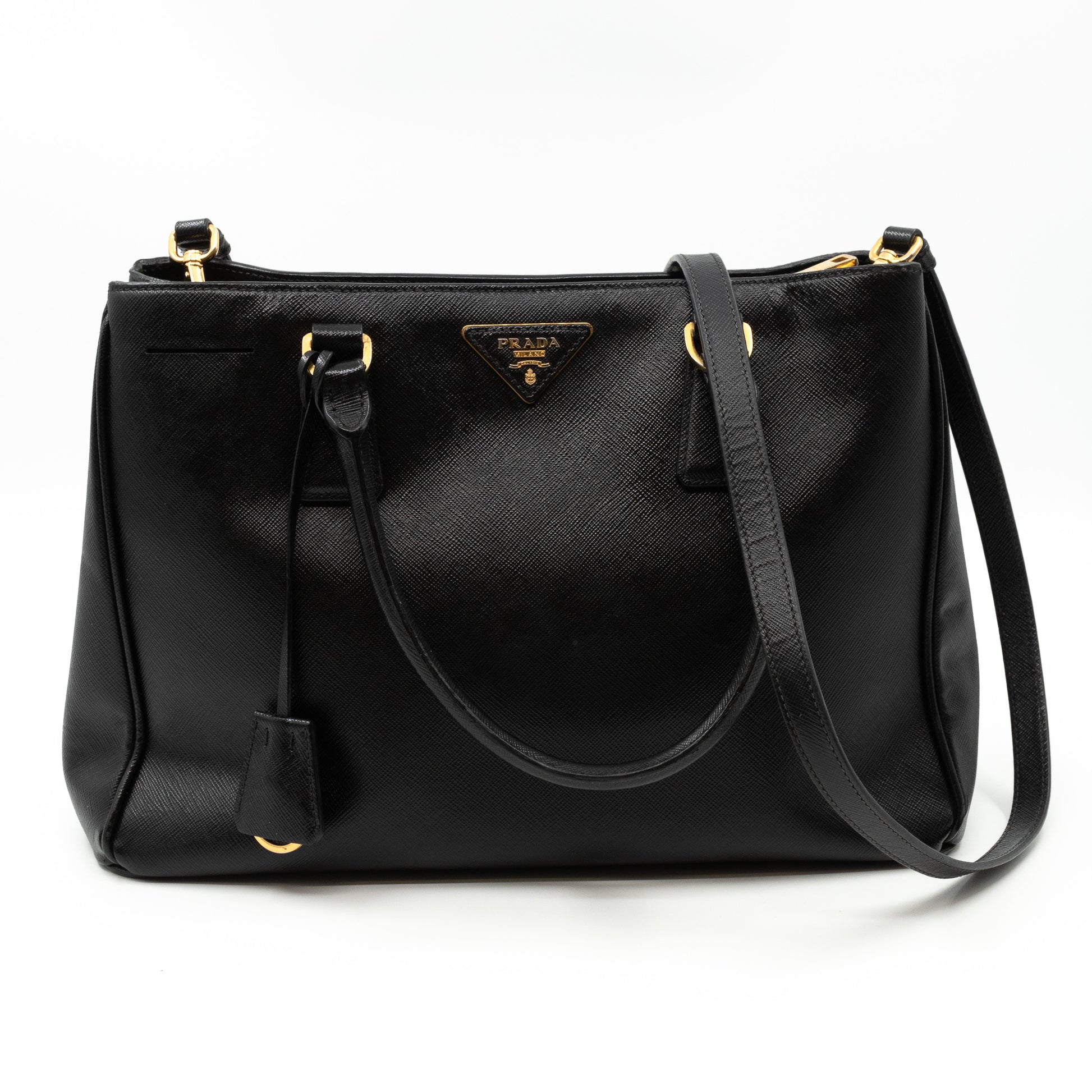 PRADA Saffiano Double-Zip Leather Tote Shoulder Bag Black