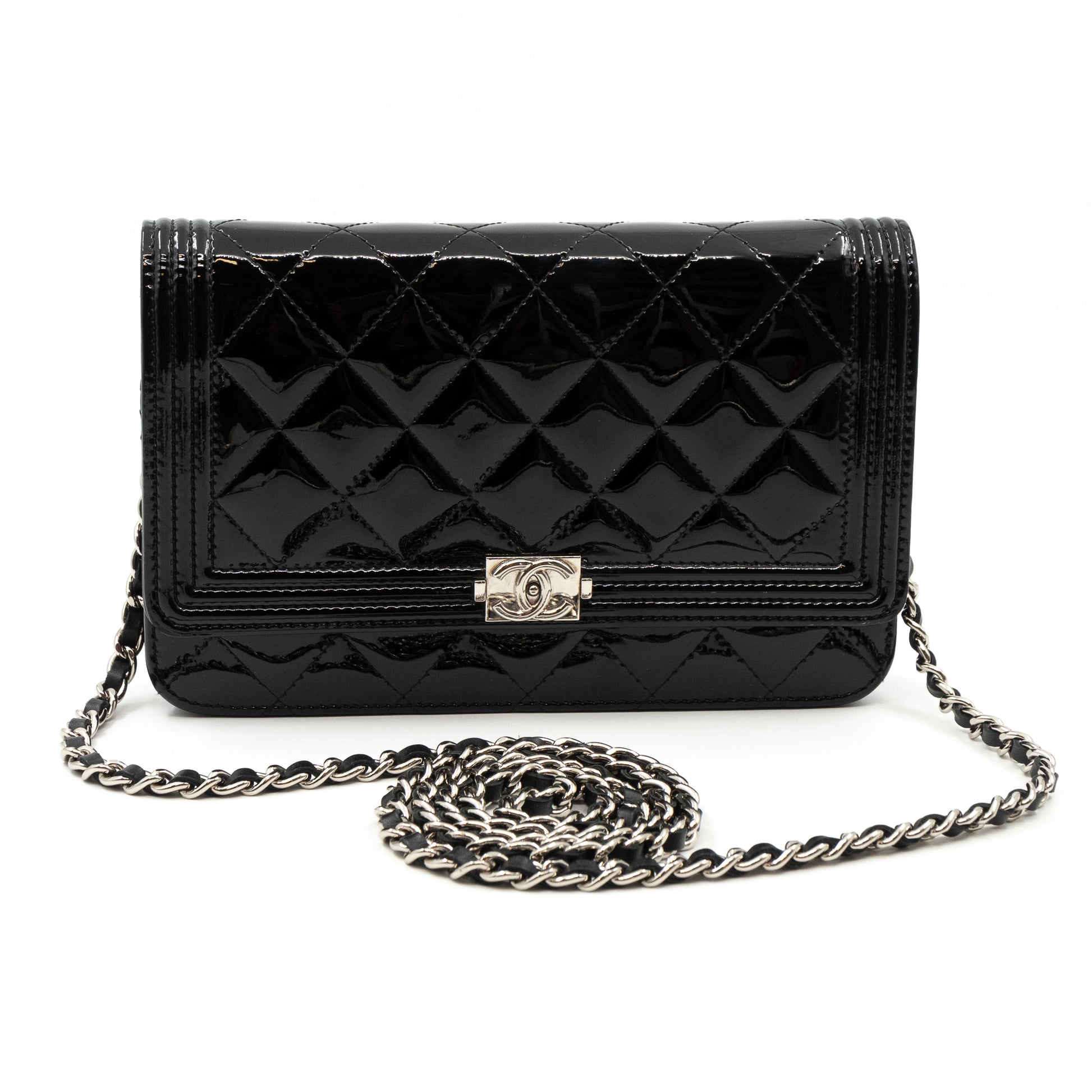 Chanel – Chanel Boy Wallet On Chain Black Patent Leather Silver – Queen  Station