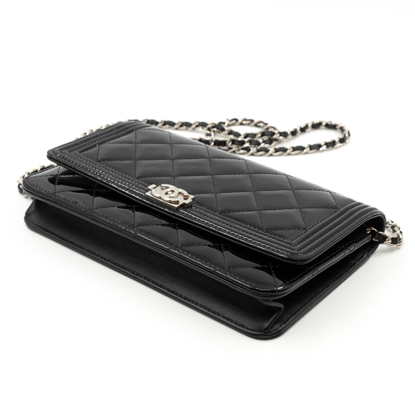 Boy Wallet On Chain Black Patent Leather Silver
