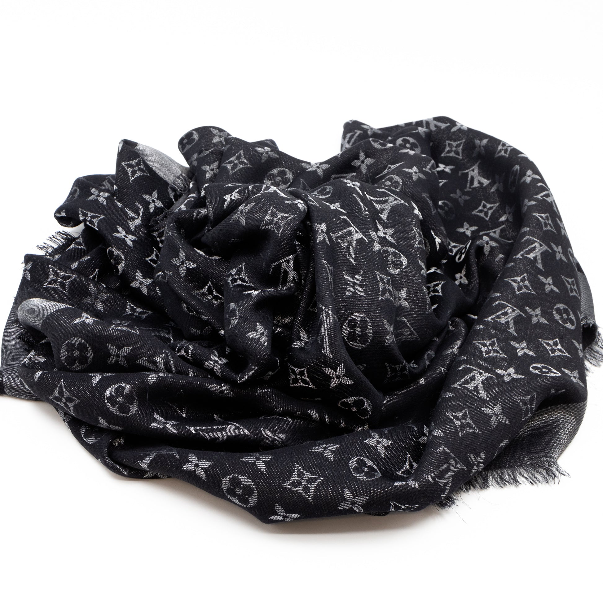 LOUIS VUITTON Silk Lurex Wool Monogram Shine Shawl Black 71109