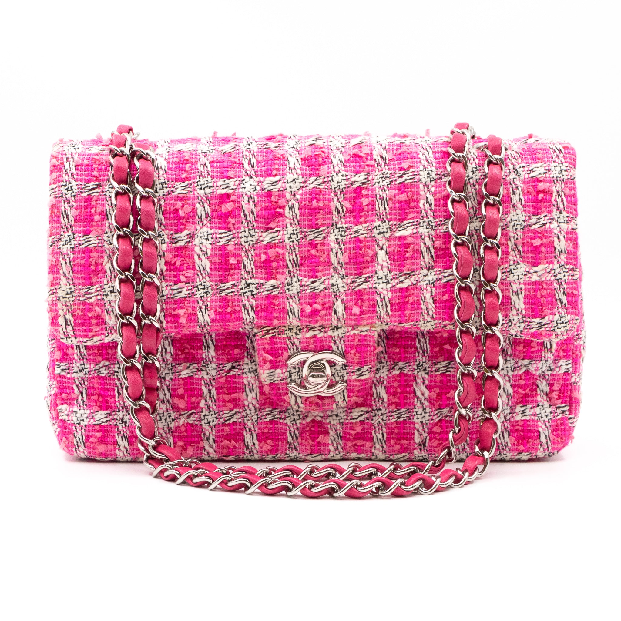 Chanel Classic Double Flap Bag Medium Tweed Pink Silver Hardware