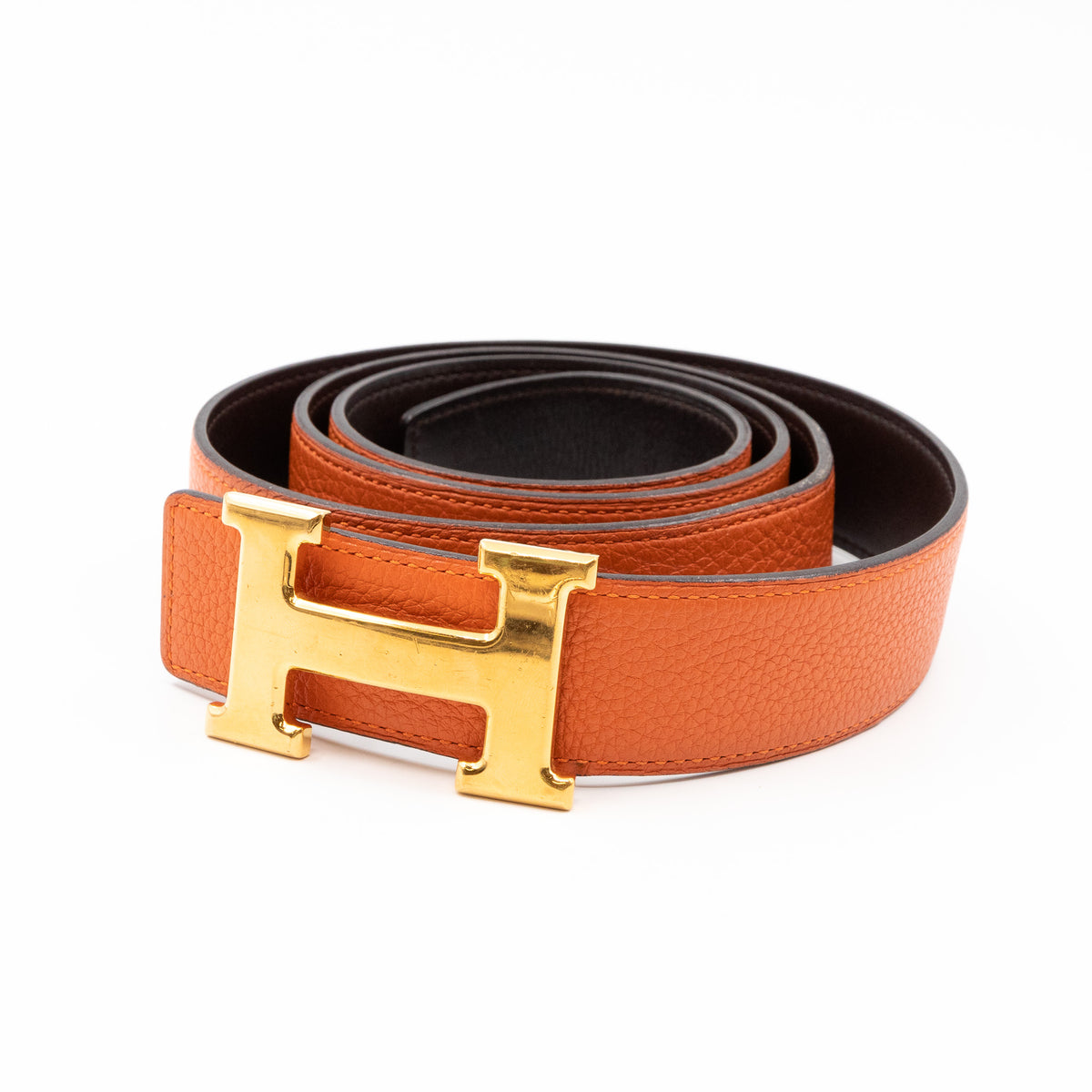 Hermes Cognac Leather Belt with Gold Horseshoe Accents HERMES Horseshoe Buckle Belt #70 ◯U ZM Leather Brown Gold  main image 2
