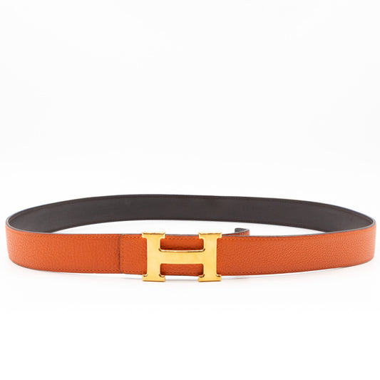 H Buckle Reversible Belt 100 cm Orange & Brown Leather