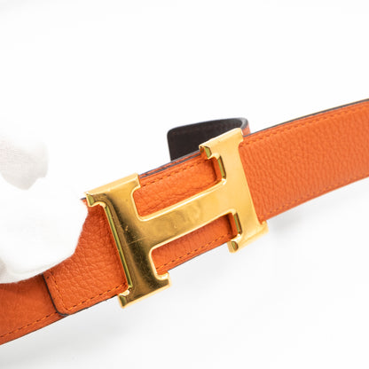 H Buckle Reversible Belt 100 cm Orange & Brown Leather