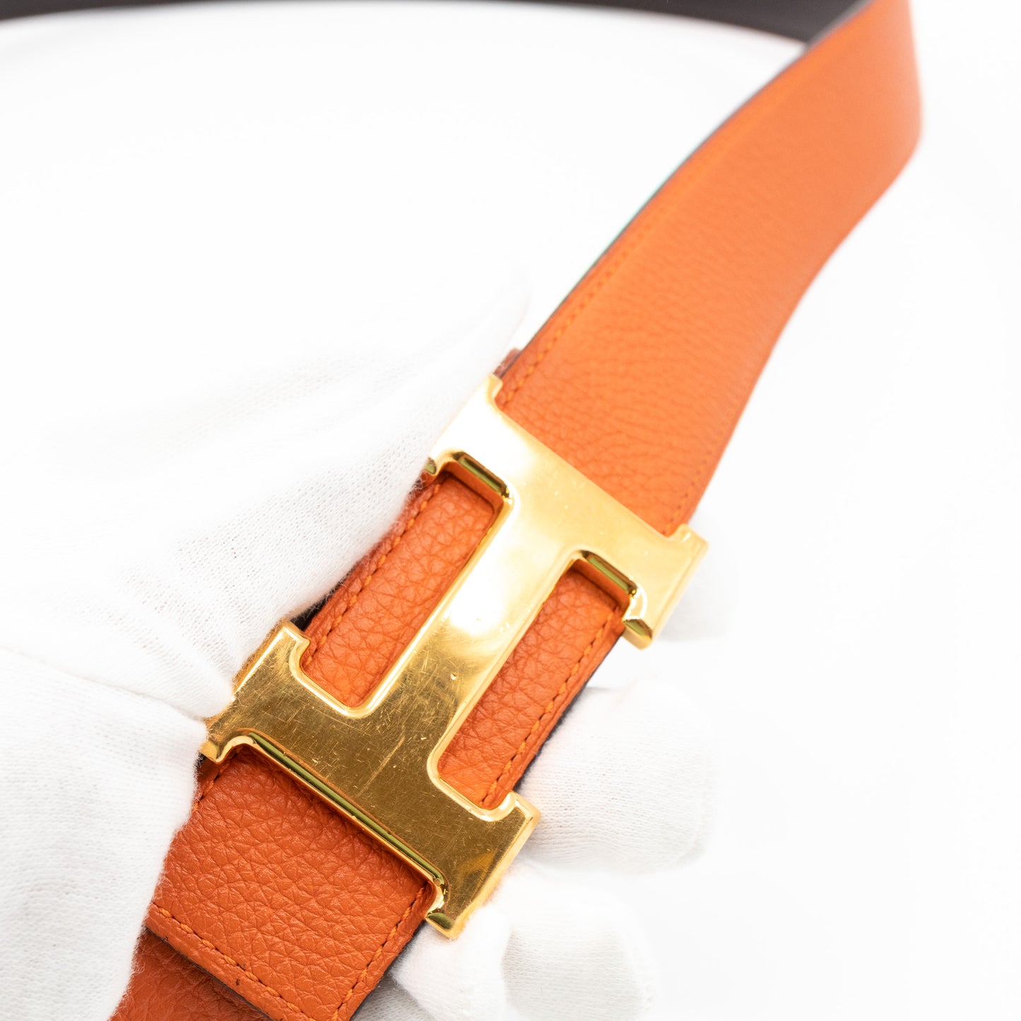 H Buckle Reversible Belt 100 cm Orange & Brown Leather