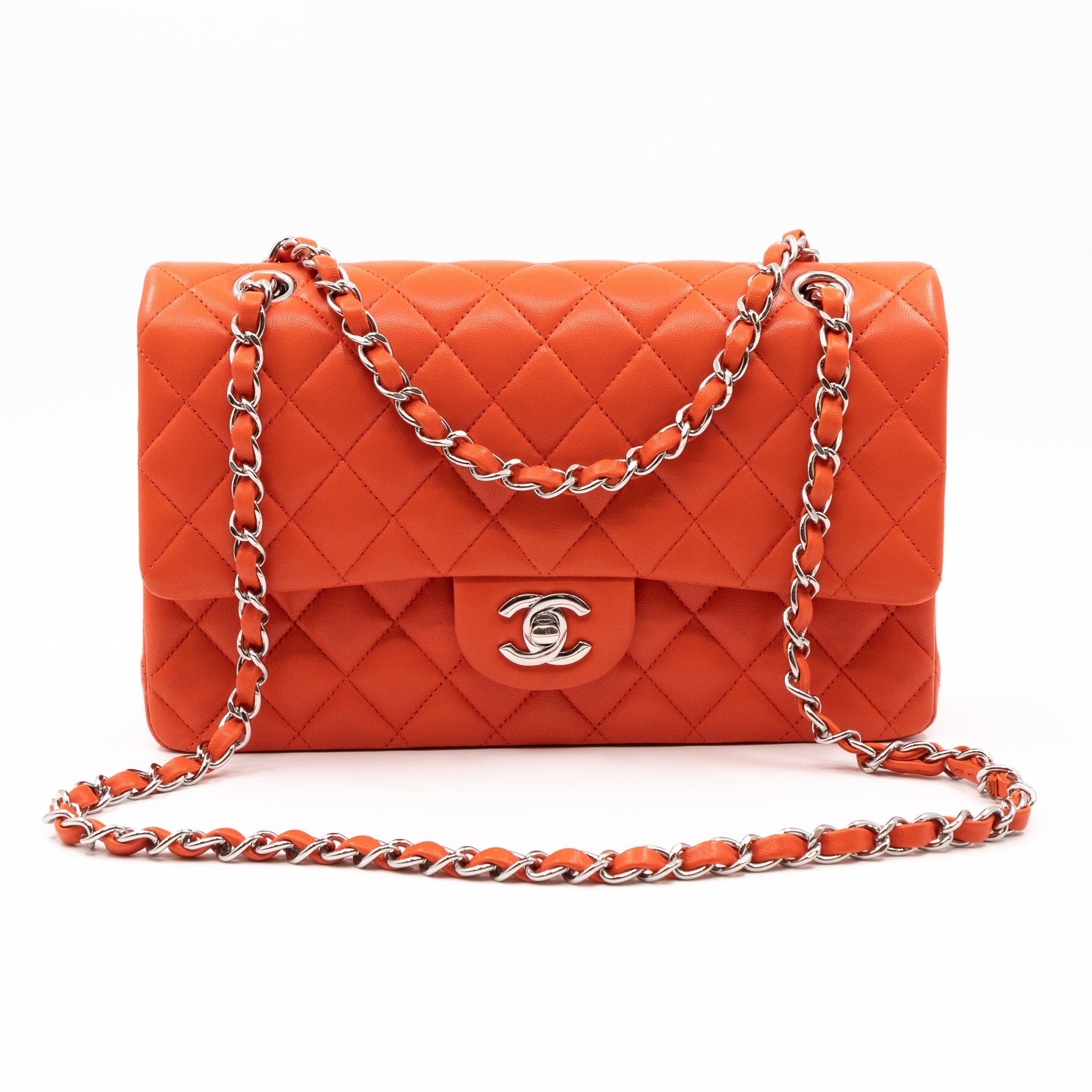 Classic Double Flap Bag Medium Orange Red Leather Silver
