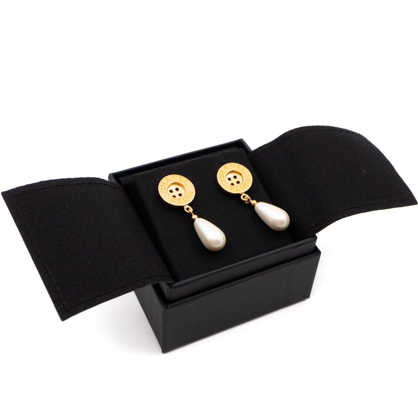 Button Earrings With Pearl Drop Gold