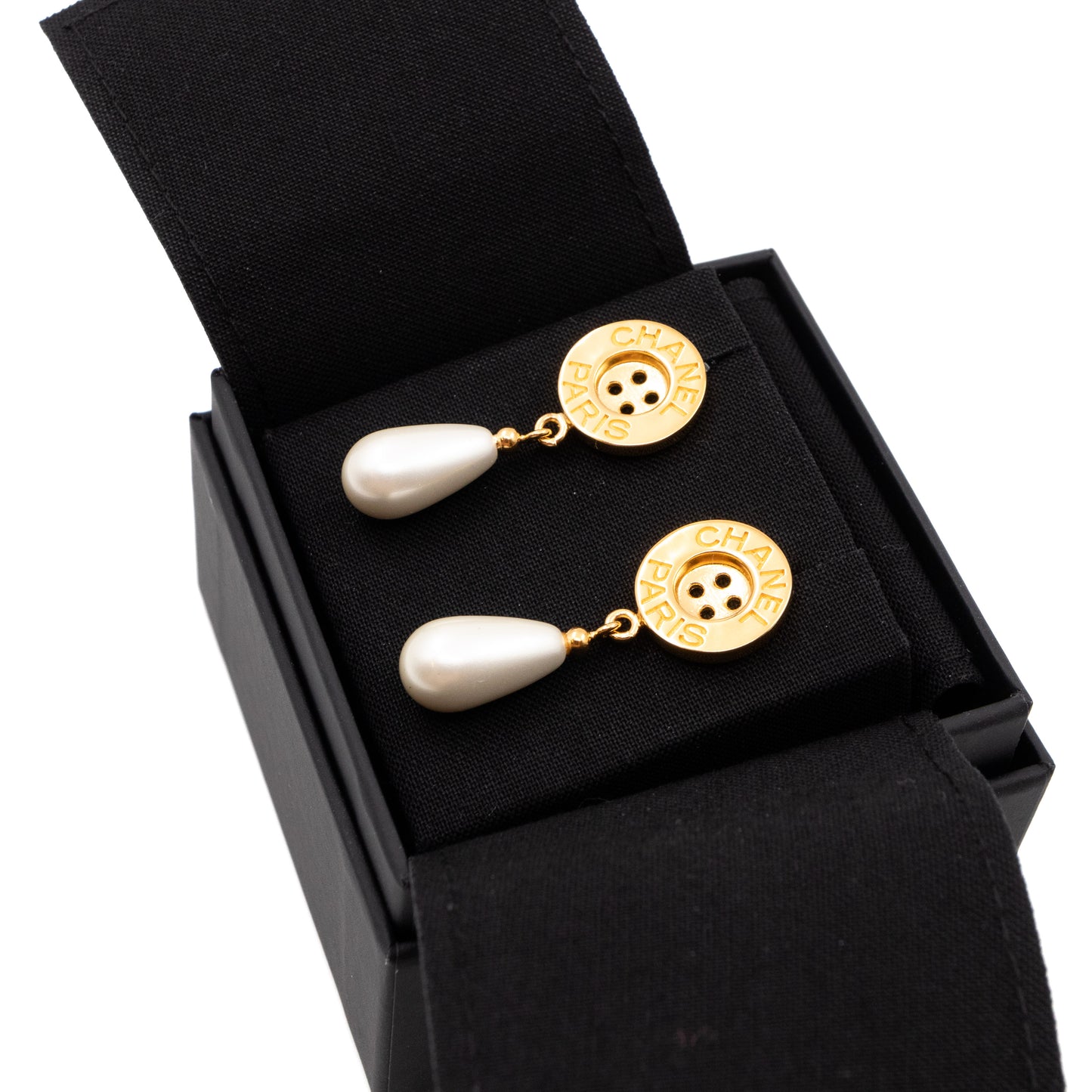 Button Earrings With Pearl Drop Gold