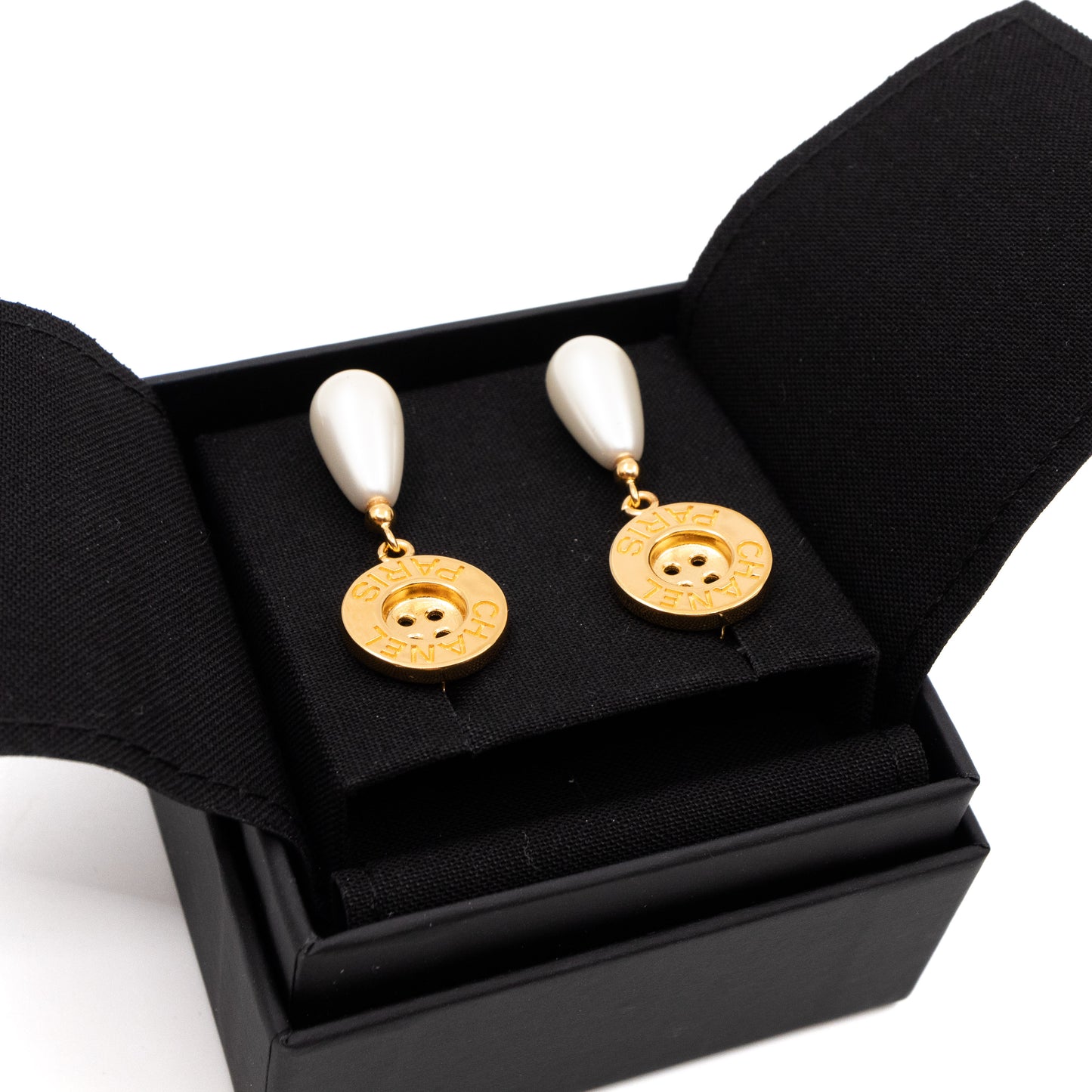 Button Earrings With Pearl Drop Gold