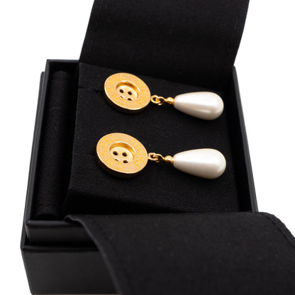 Button Earrings With Pearl Drop Gold