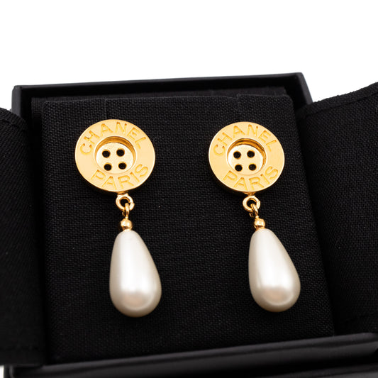 Button Earrings With Pearl Drop Gold