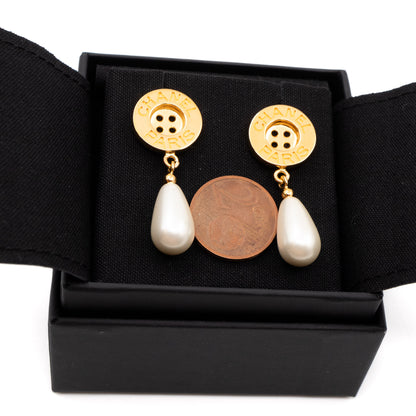 Button Earrings With Pearl Drop Gold