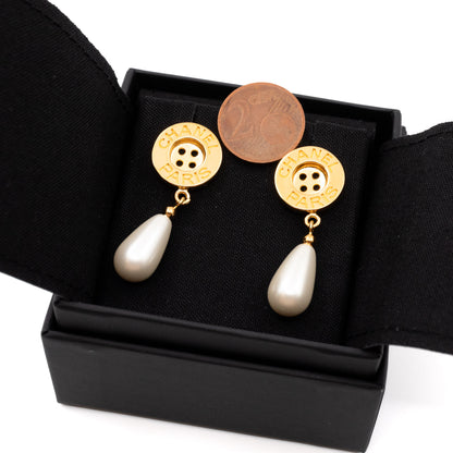 Button Earrings With Pearl Drop Gold