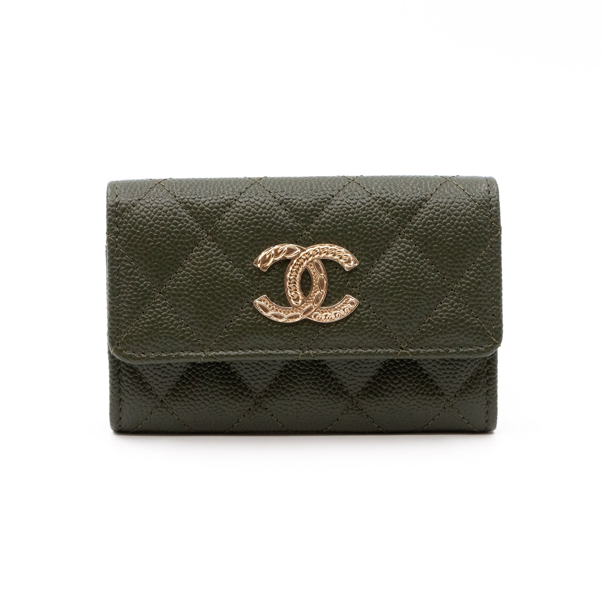 Chanel – Chanel CC Engraved Flap Card Case Olive Green Caviar Gold