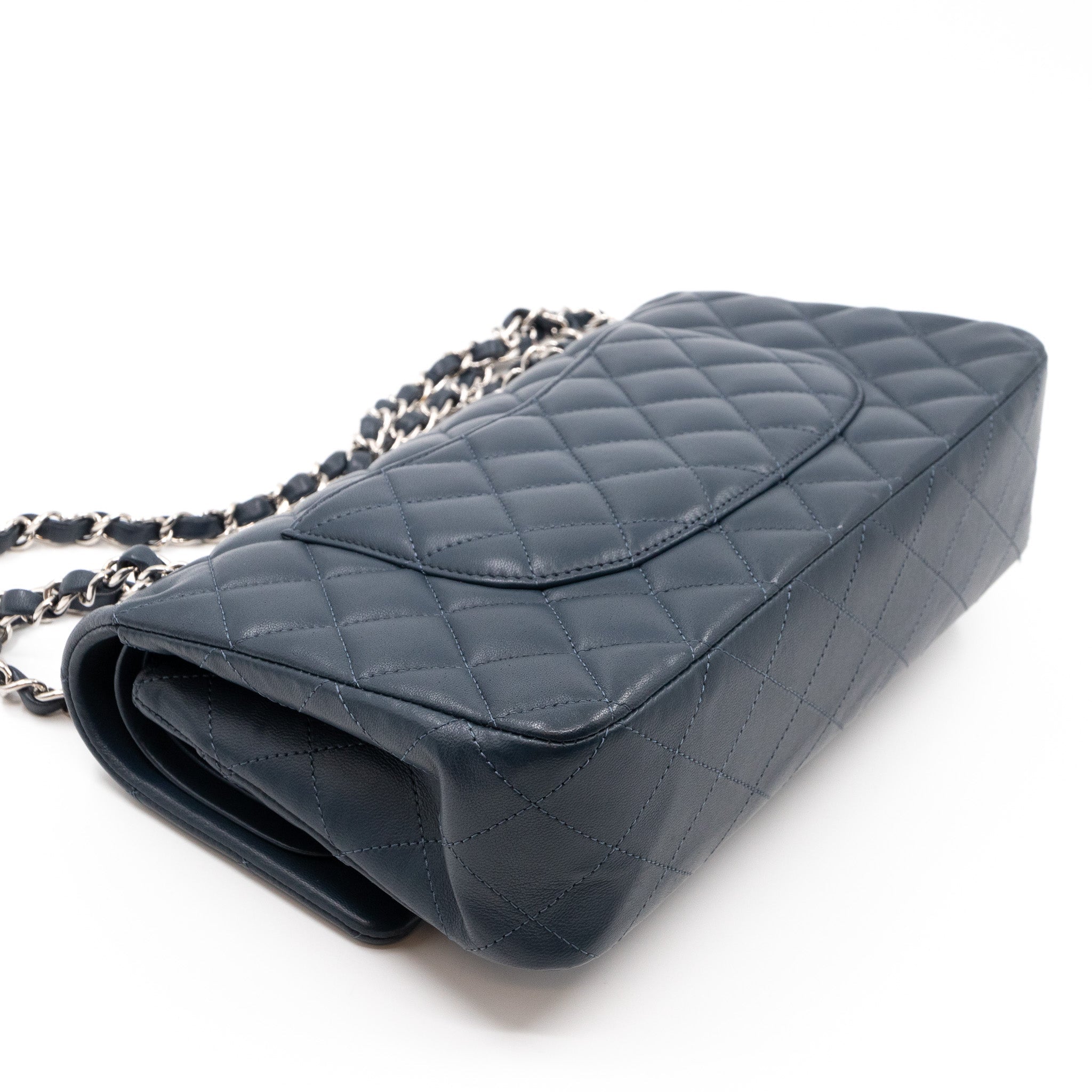 Classic Double Flap Bag Medium Navy Blue Leather Silver