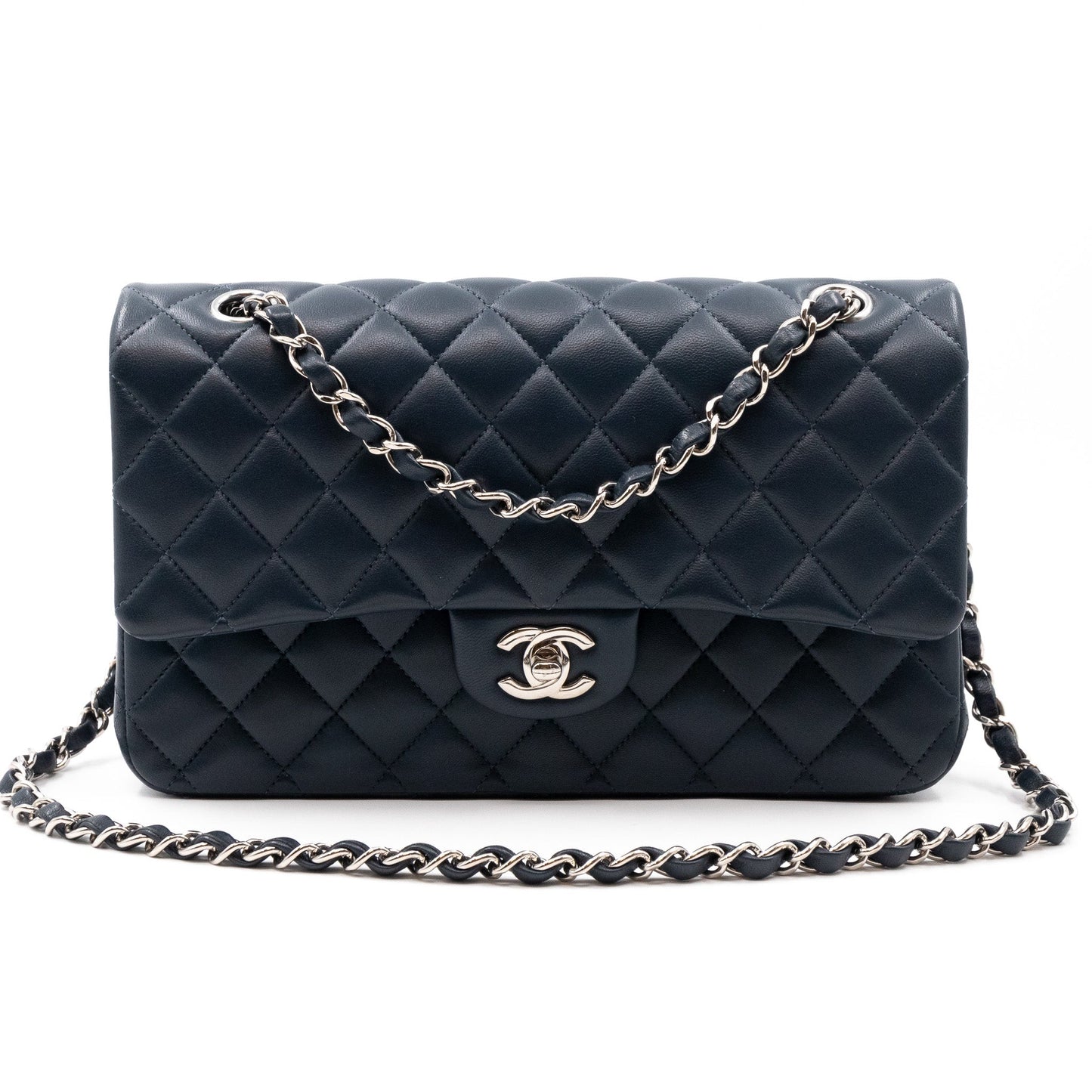 Classic Double Flap Bag Medium Navy Blue Leather Silver