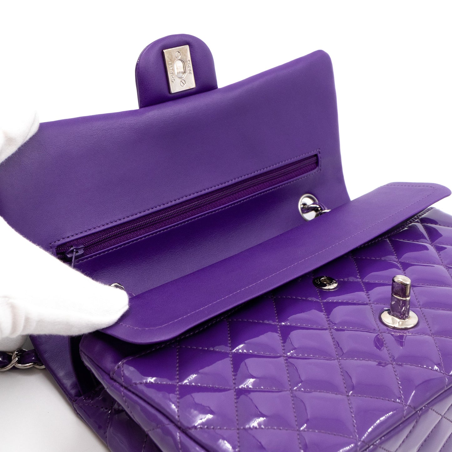 Classic Double Flap Bag Medium Purple Patent Leather Silver