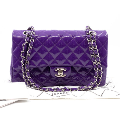 Classic Double Flap Bag Medium Purple Patent Leather Silver
