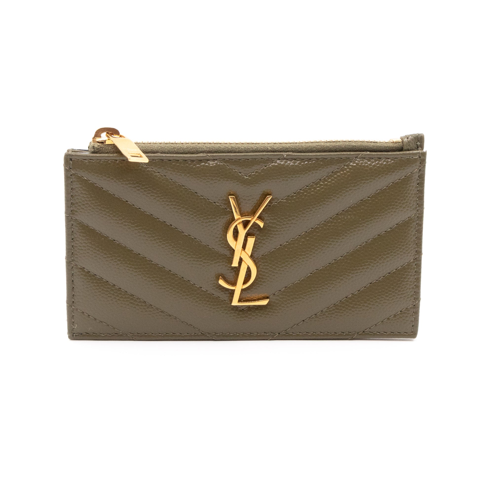 Saint Laurent Tiny Cassandre Card Case in Grained Leather Dark Khaki in  Leather with Silver-tone - US