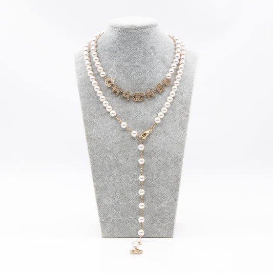 Crystal Chanel Logo Pearl Necklace