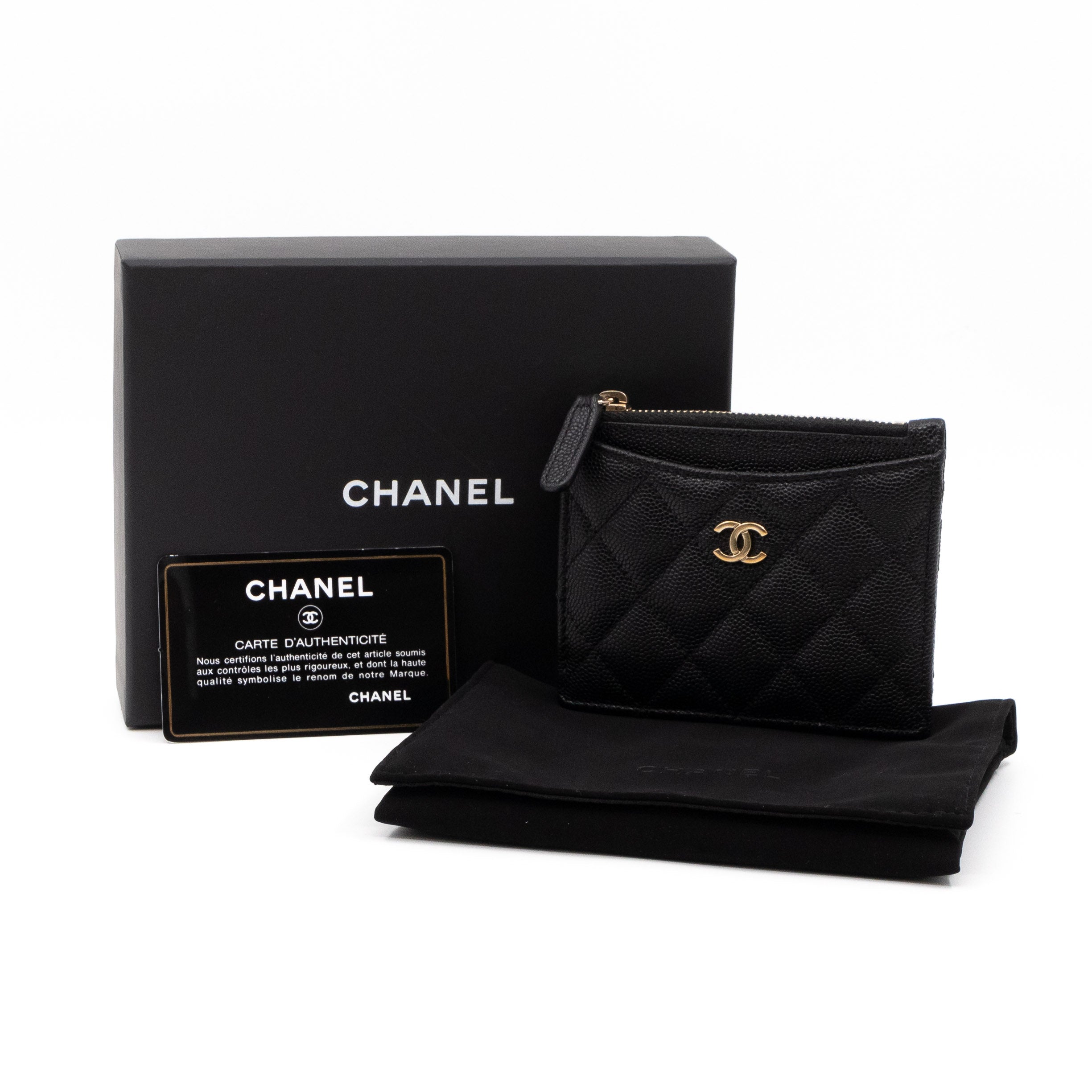 Chanel – Chanel Zipped Card Holder Black Caviar Leather Light Gold Hardware  – Queen Station