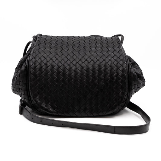 Drawstring Flap Crossbody Bag Intrecciato Black Leather