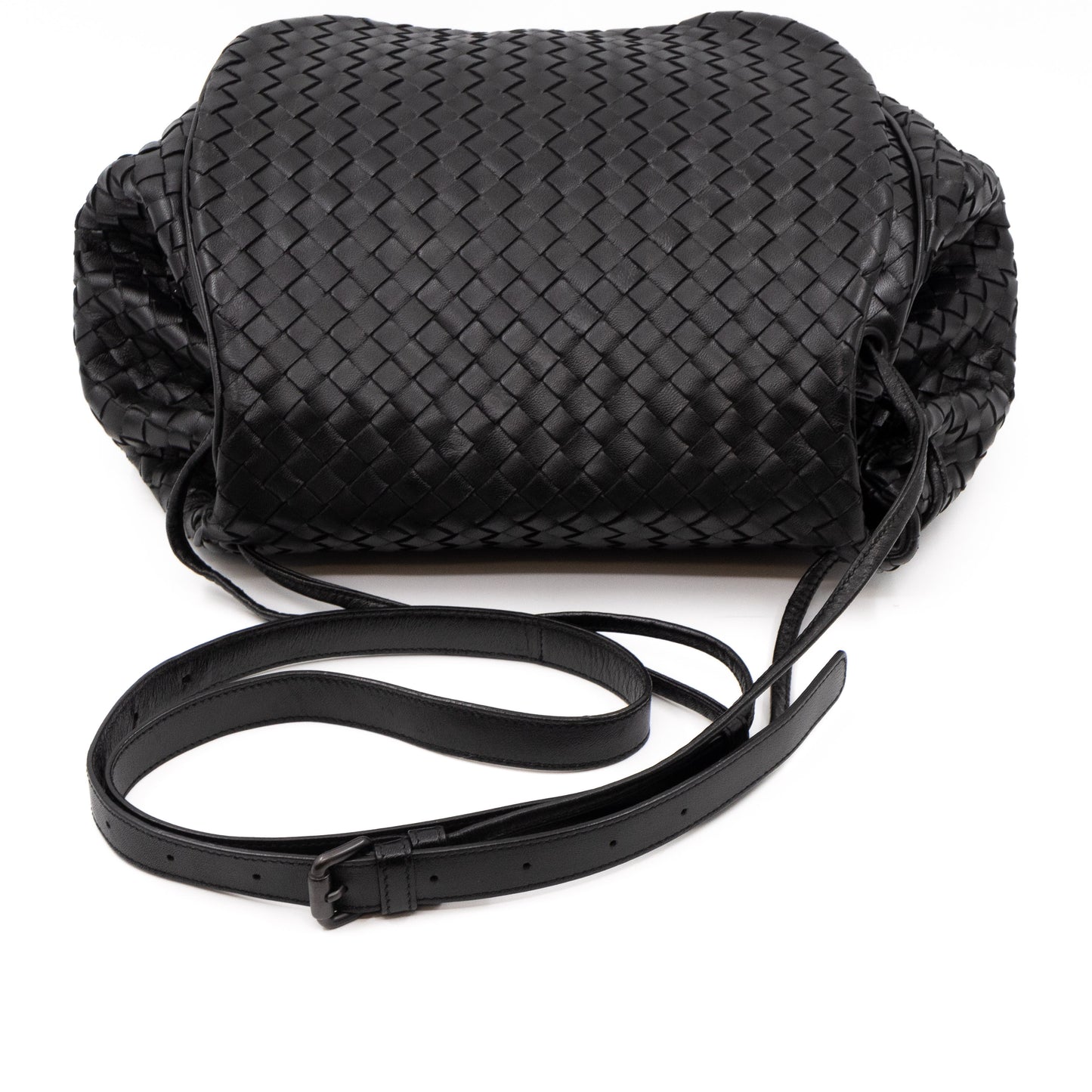 Drawstring Flap Crossbody Bag Intrecciato Black Leather