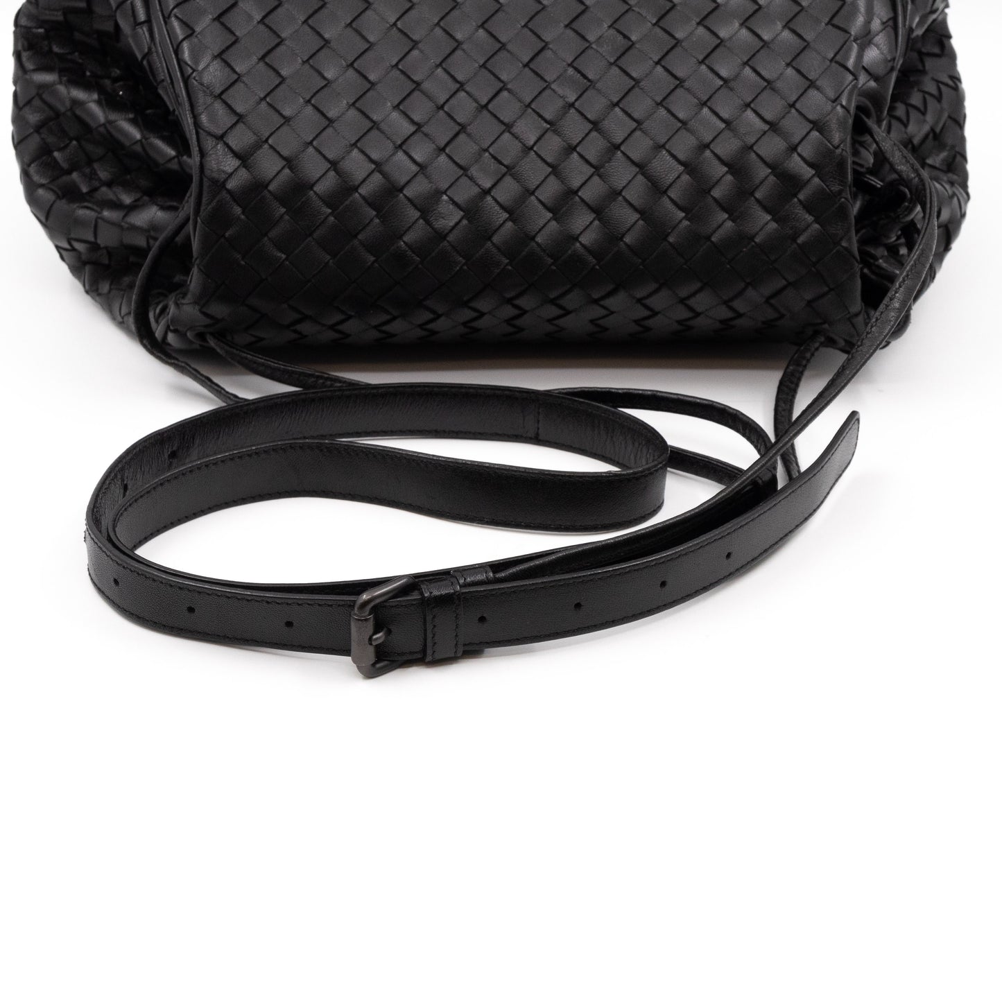 Drawstring Flap Crossbody Bag Intrecciato Black Leather