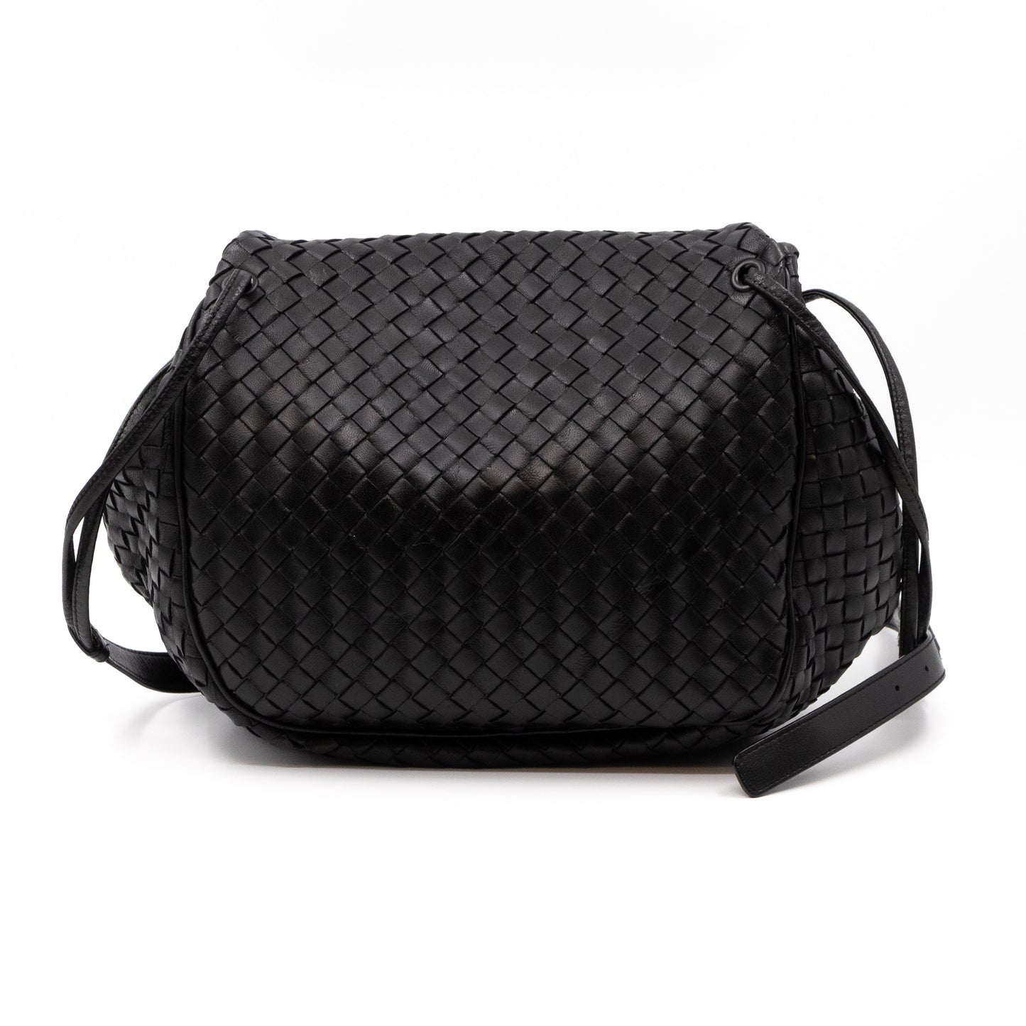 Drawstring Flap Crossbody Bag Intrecciato Black Leather