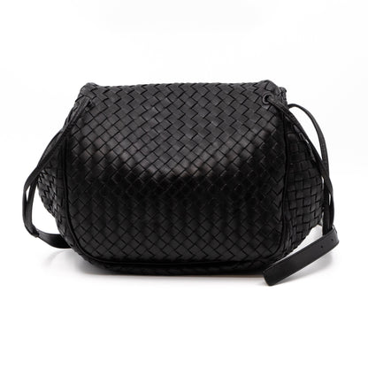 Drawstring Flap Crossbody Bag Intrecciato Black Leather