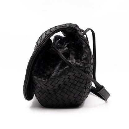 Drawstring Flap Crossbody Bag Intrecciato Black Leather