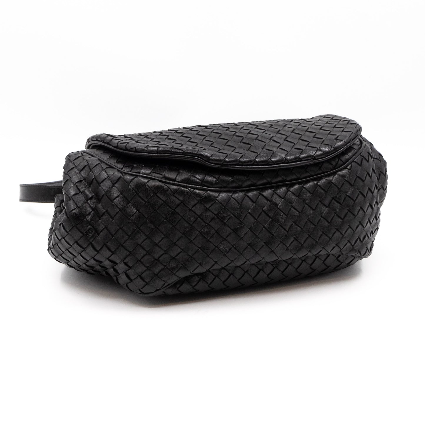 Drawstring Flap Crossbody Bag Intrecciato Black Leather