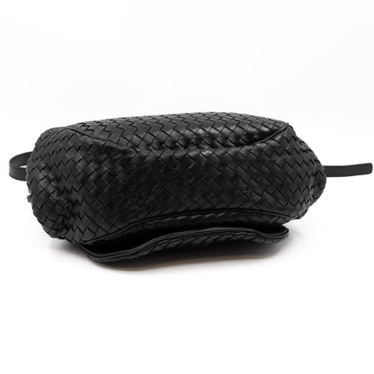 Drawstring Flap Crossbody Bag Intrecciato Black Leather