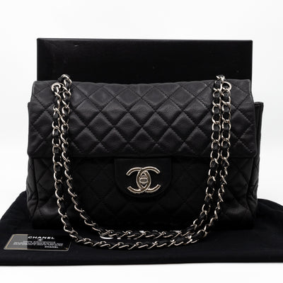 Single Flap Bag Black Caviar Silver