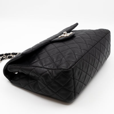 Single Flap Bag Black Caviar Silver
