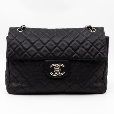 Single Flap Bag Black Caviar Silver