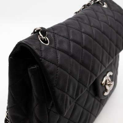 Single Flap Bag Black Caviar Silver