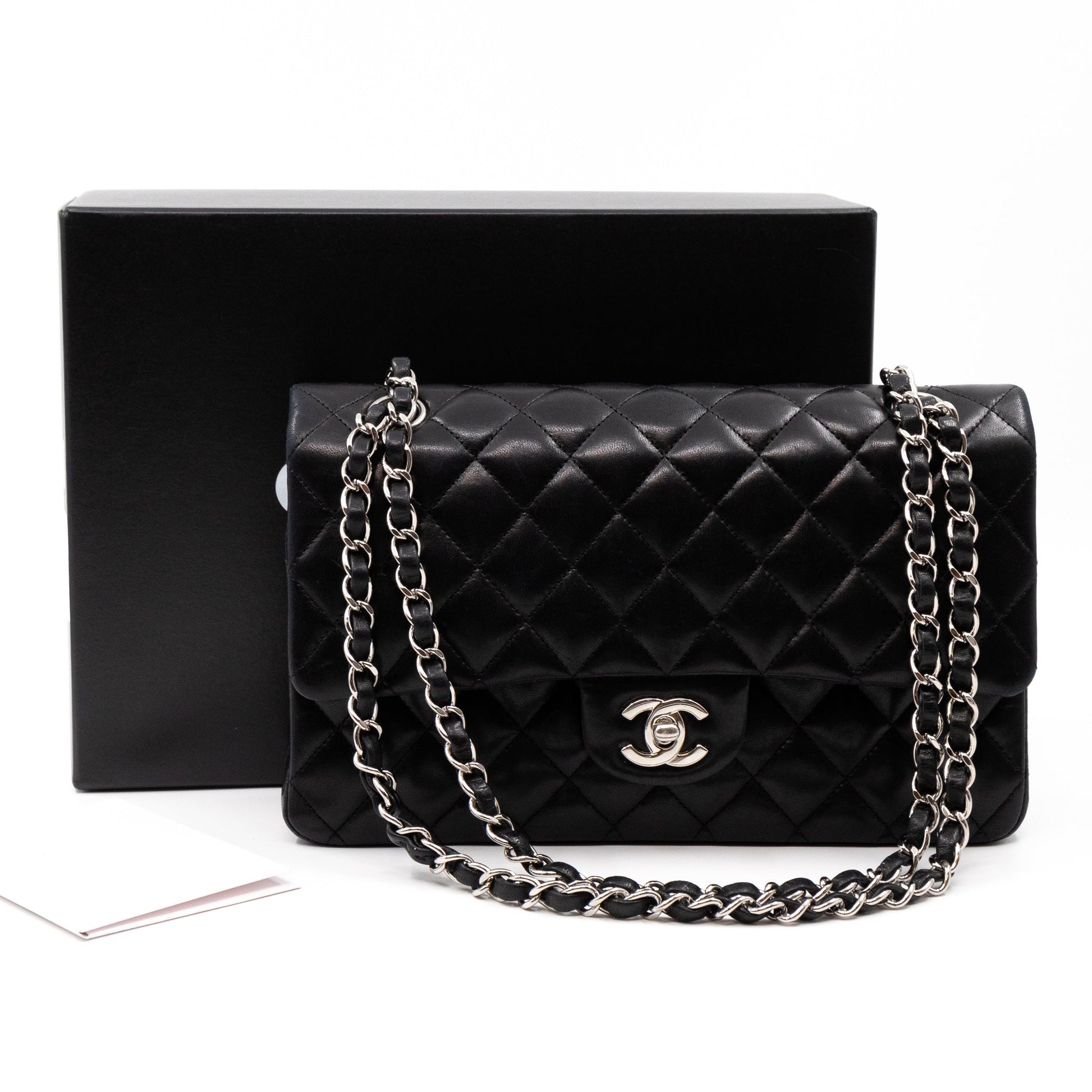 Chanel – Chanel Classic Double Flap Bag Medium Black Lambskin Silver  Hardware – Queen Station