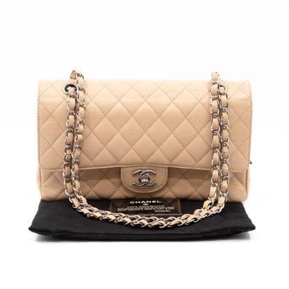 Classic Double Flap Bag Medium Beige Caviar Silver